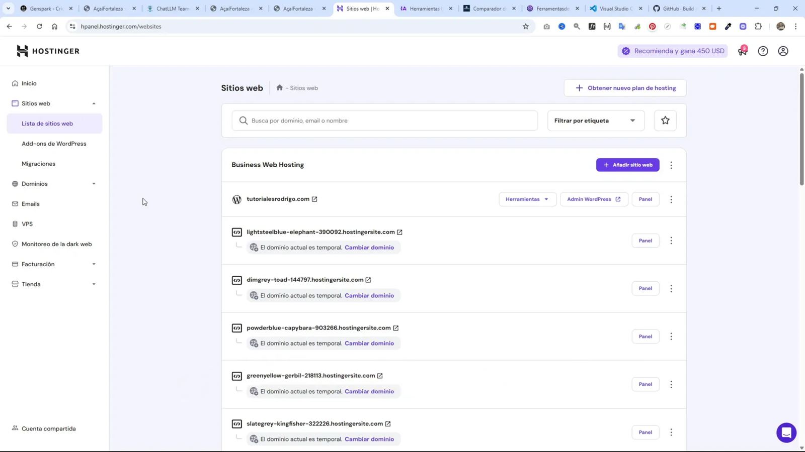 Panel de Hostinger para subir sitio web