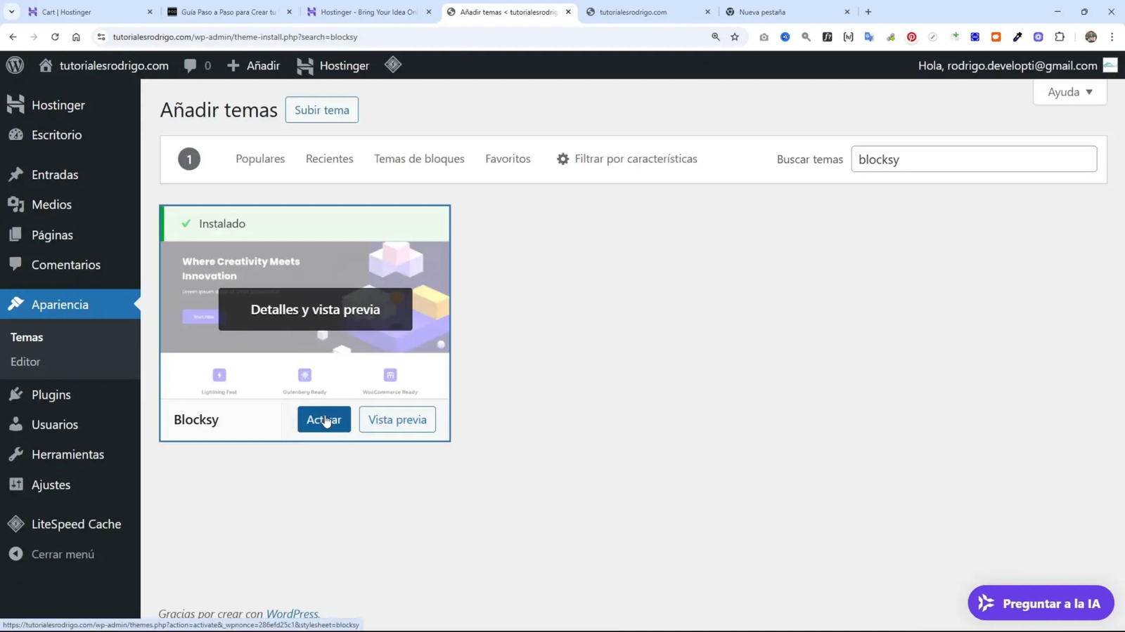 Instalación y activación del tema Blocksy en WordPress