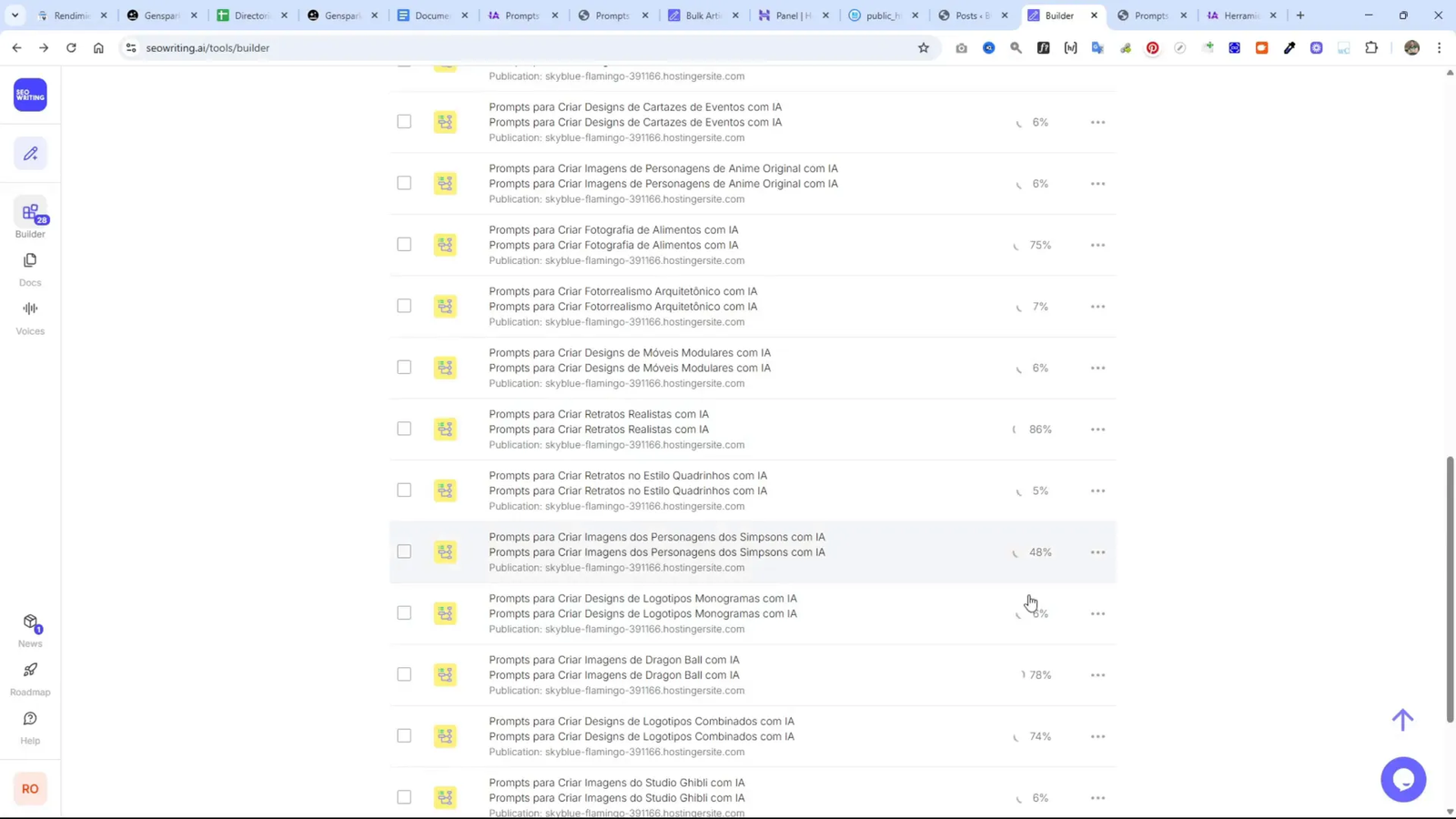 Panel de generación de artículos con progreso y ejemplos de monetización