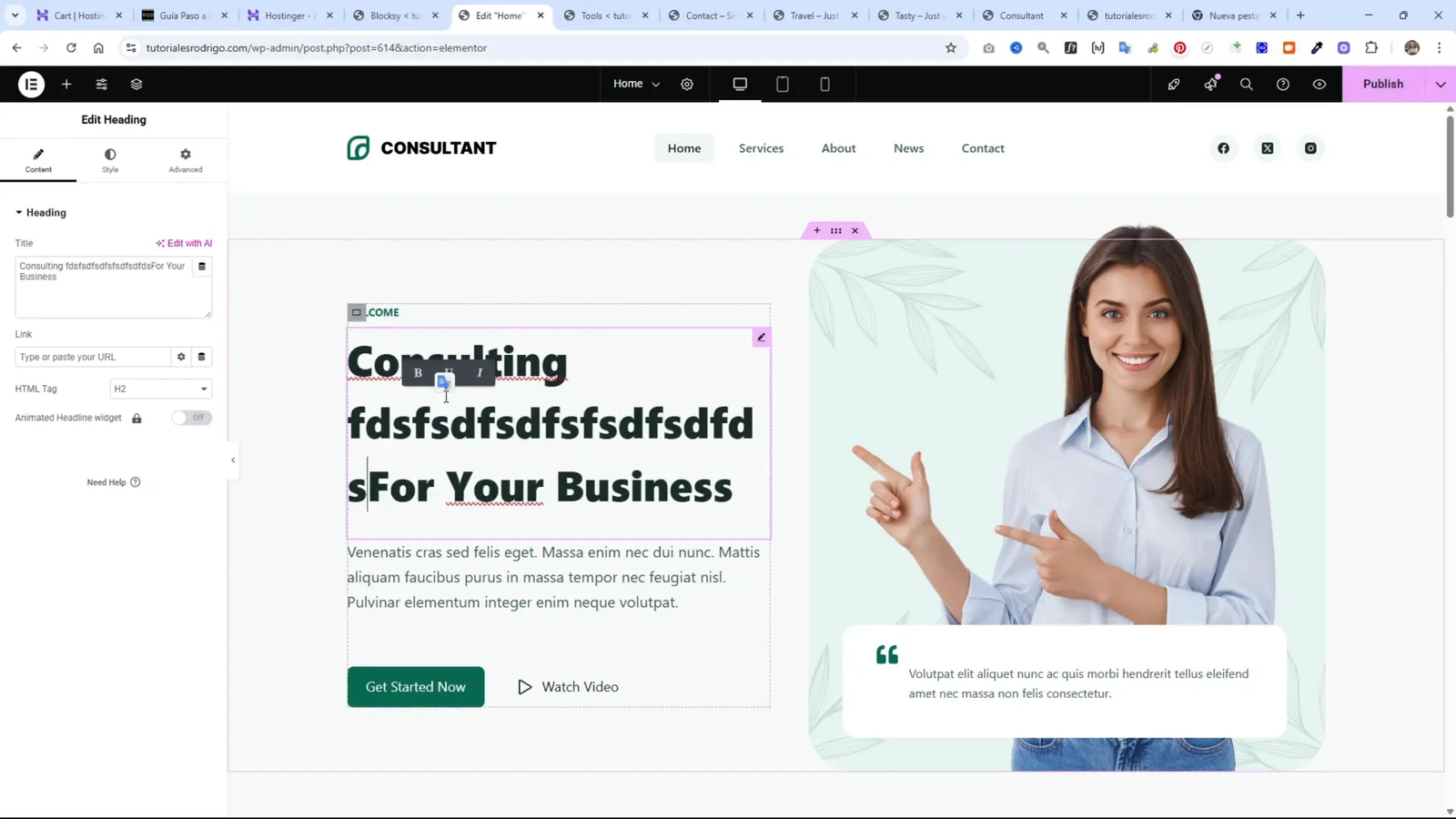 Editor Elementor para modificar textos e imágenes