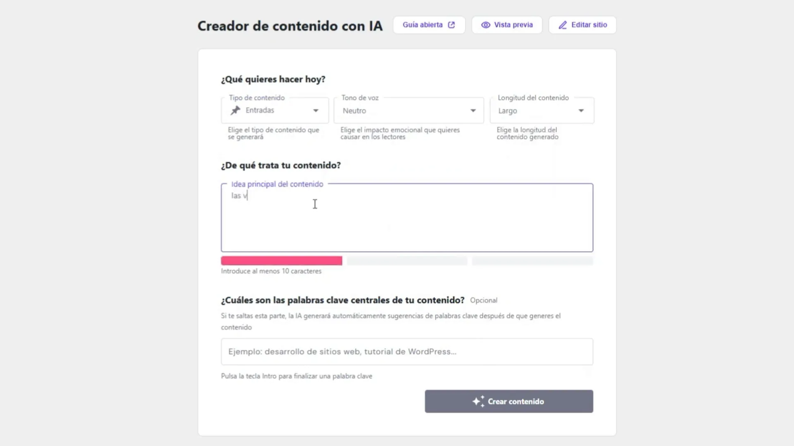 Generador de contenido con IA en el panel de WordPress de Hostinger