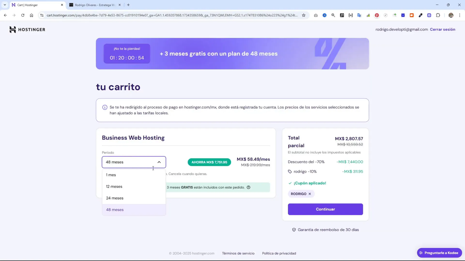 Proceso de selección del plan y periodo de pago en Hostinger