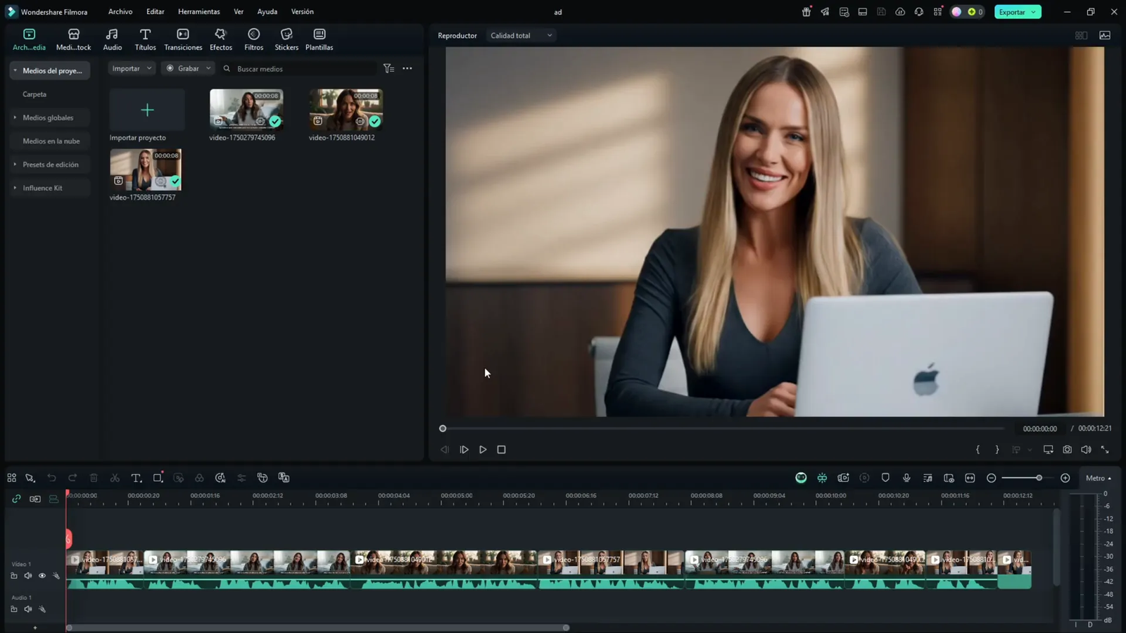 Esta es la forma MÁS FÁCIL de crear VIDEOS con IA (GENSPARK + VEO 3) 3 Pantalla de Filmora mostrando la edición de video