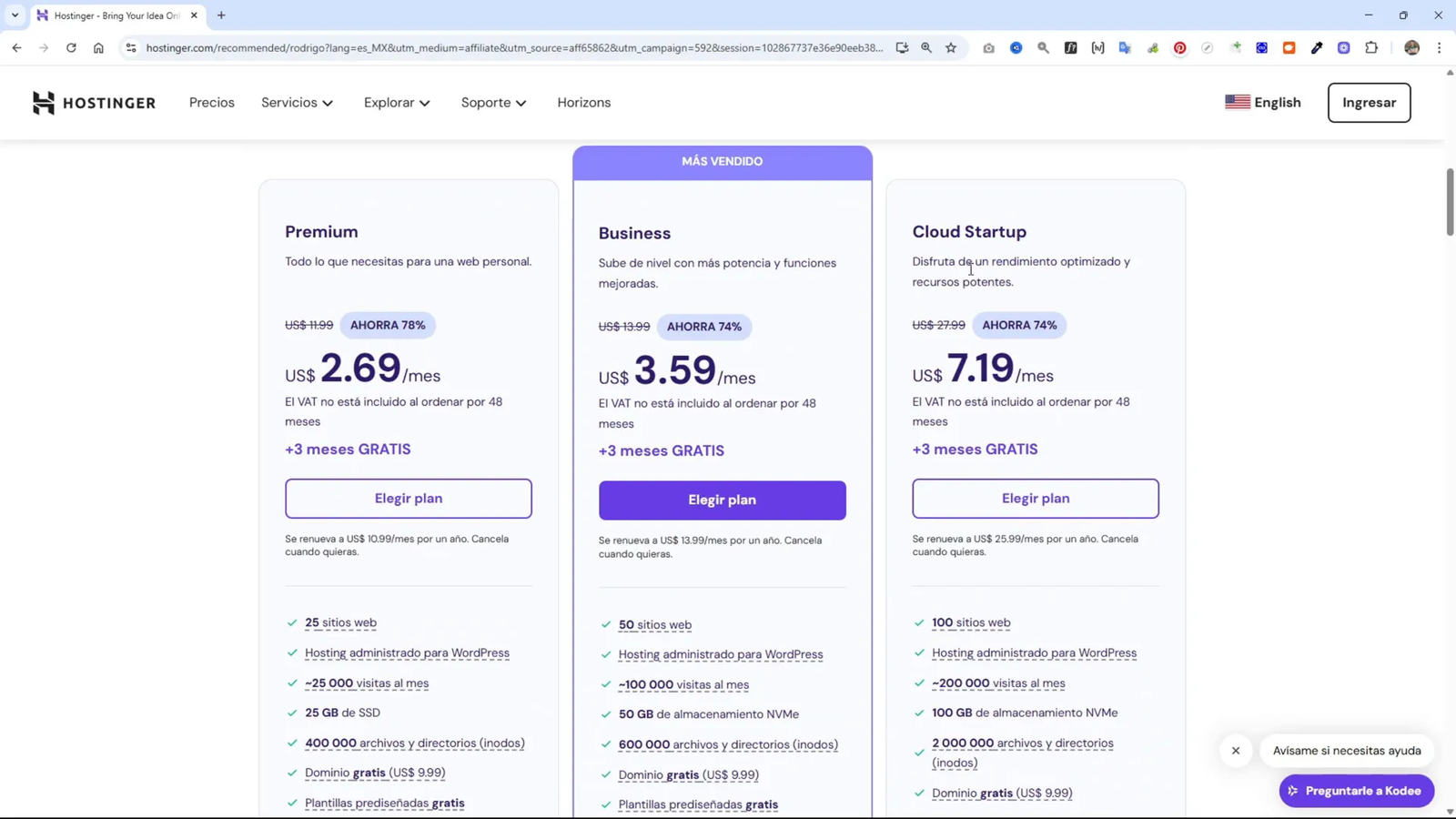 Comparación de planes en Hostinger