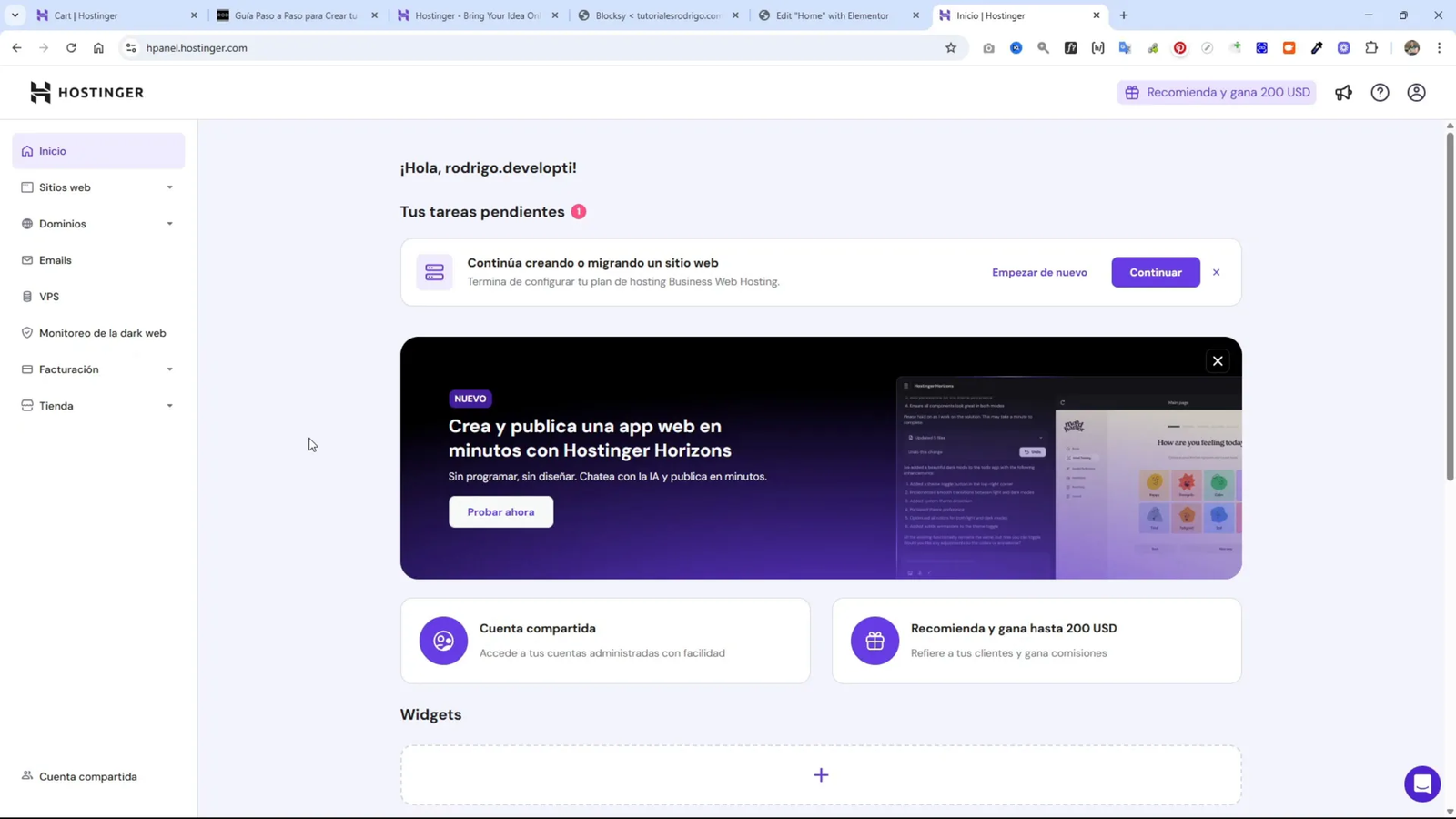 Panel HPanel de Hostinger