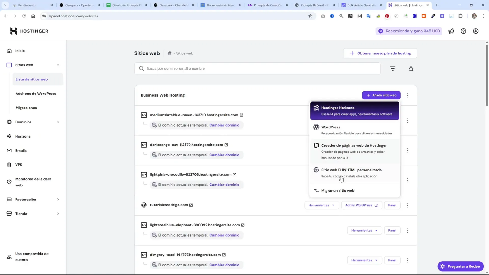 Panel hPanel de Hostinger para instalación de sitio web personalizado y WordPress