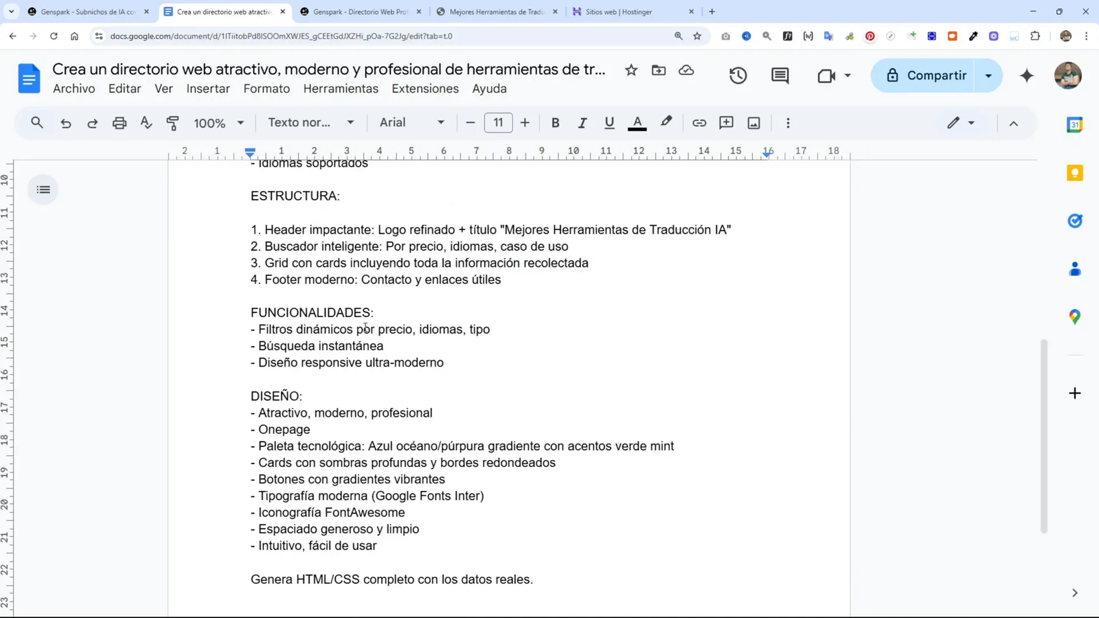 Ejemplo del prompt usado para crear el directorio web de herramientas de traducción con IA