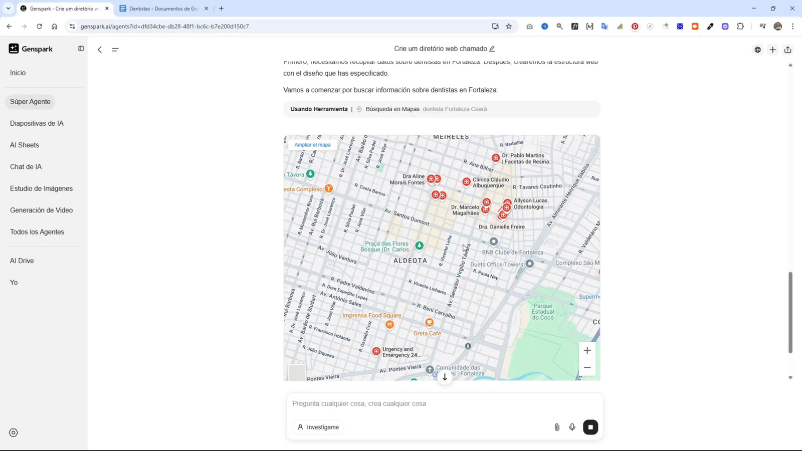 Así Creo Directorios Web con IA (Más Rentables que una Web Nicho) - Copia Mi Método 4 GenSpark mostrando la búsqueda y recopilación de dentistas en el mapa