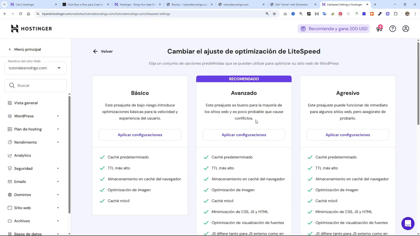 Configuración de LiteSpeed Cache en Hostinger