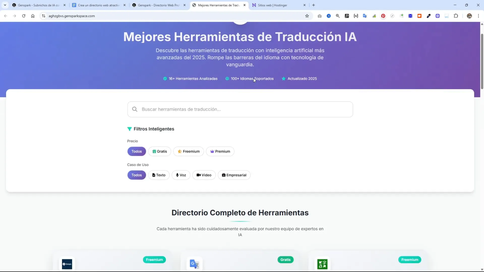 Vista previa del directorio web de herramientas de traducción con filtros funcionales