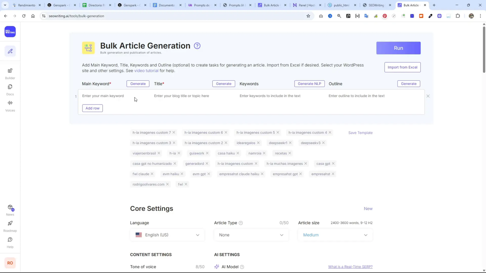 Interfaz de SEOWriting para generación masiva de artículos