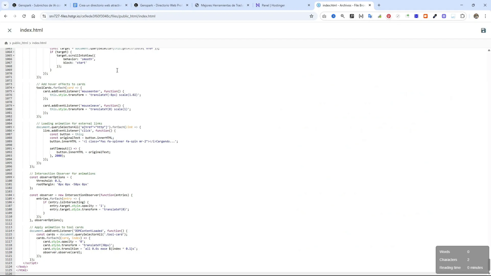 Archivo index.html creado en el hosting con el código del directorio web