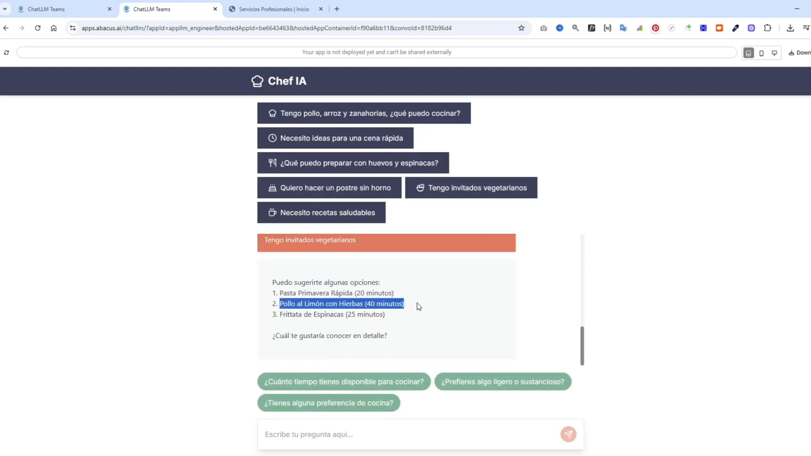 DeepAgent: El Agente de IA que Hace TODO por Ti (Sitios Web, Apps, Asistentes y Más) 6 Demostración de respuestas del Chef IA