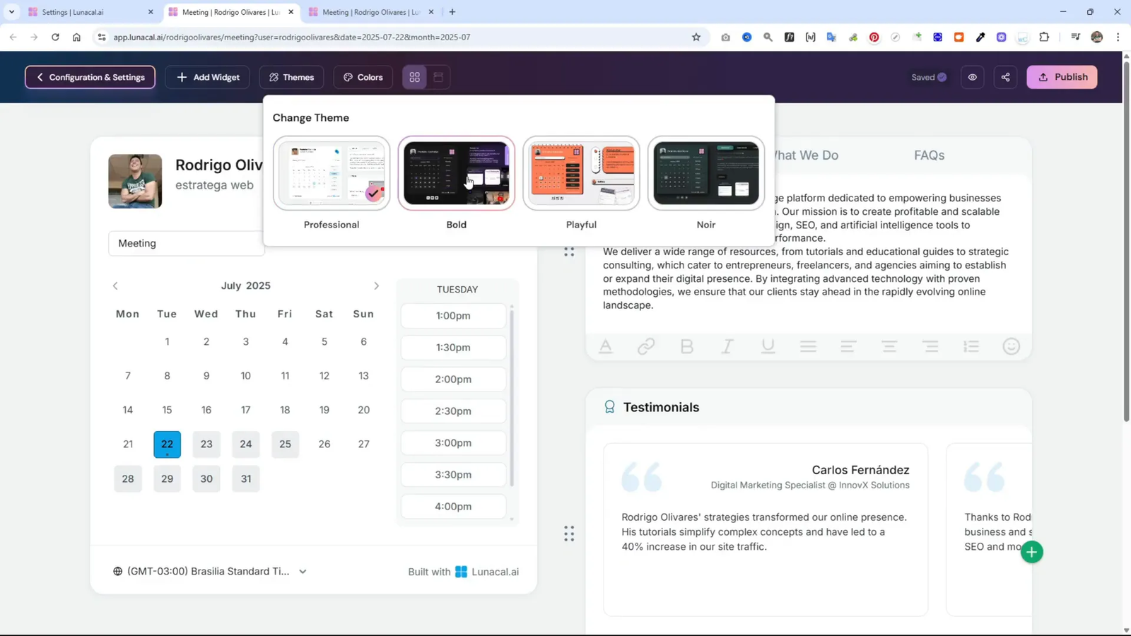 LunaCal AI: La Mejor Alternativa a Calendly para Agendar Reuniones 4 Selección de temas visuales en LunaCal