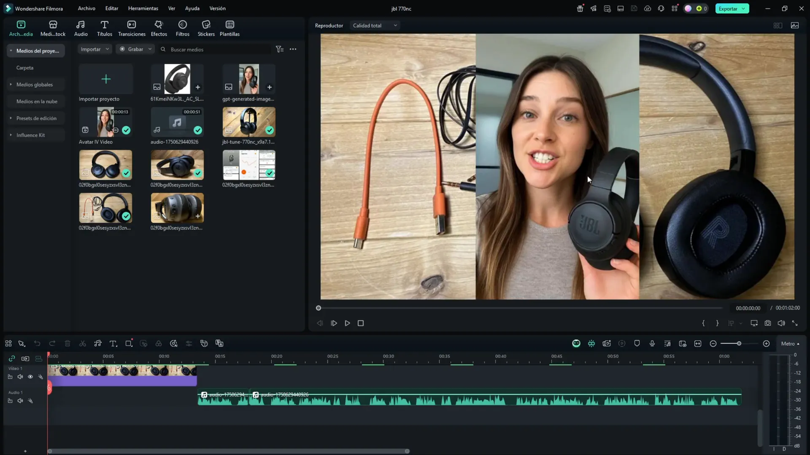 Edición en línea de tiempo de video con imágenes y narración generada por IA