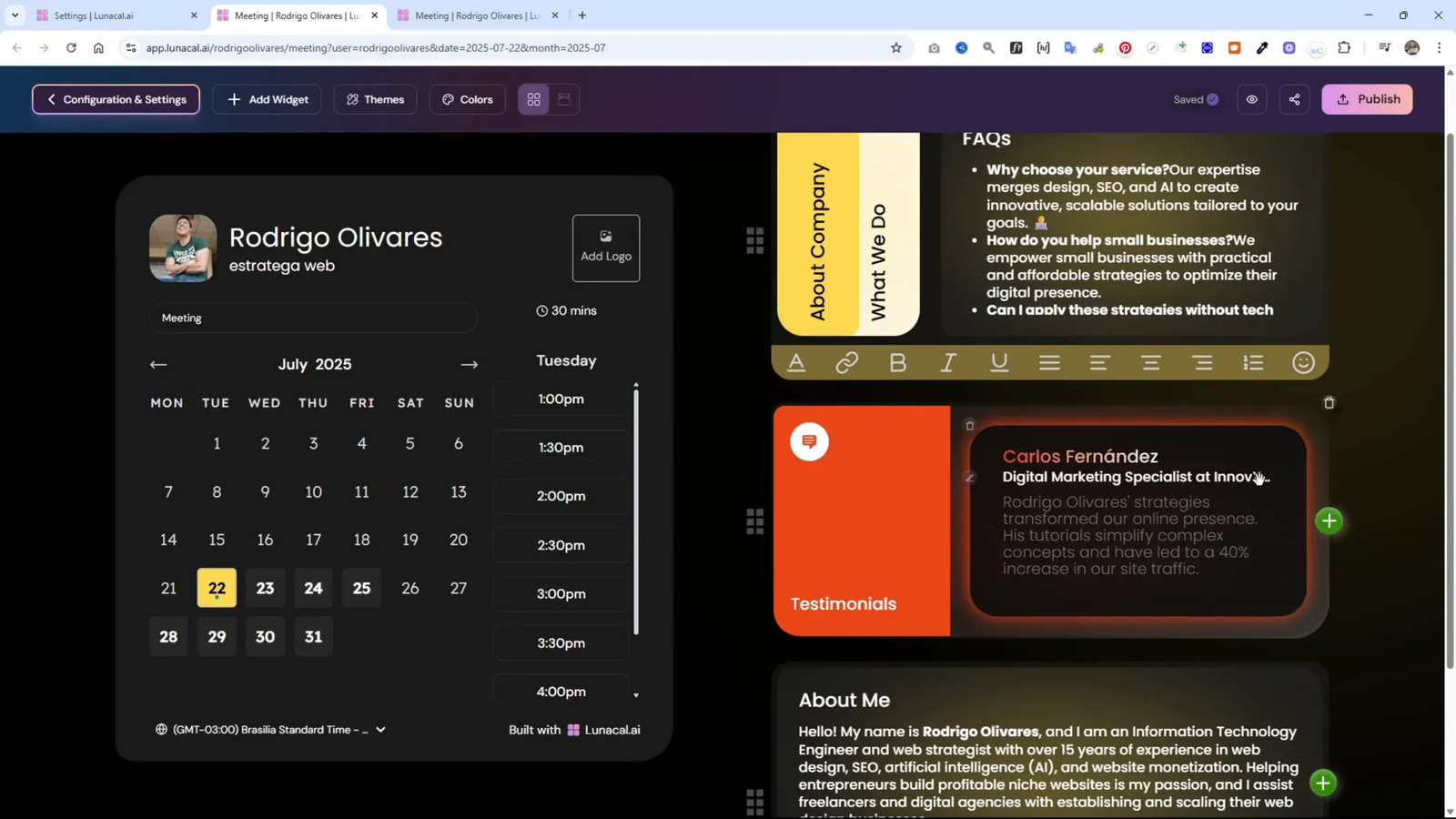 LunaCal AI: La Mejor Alternativa a Calendly para Agendar Reuniones 5 Agregar o eliminar secciones en la página de reservas de LunaCal