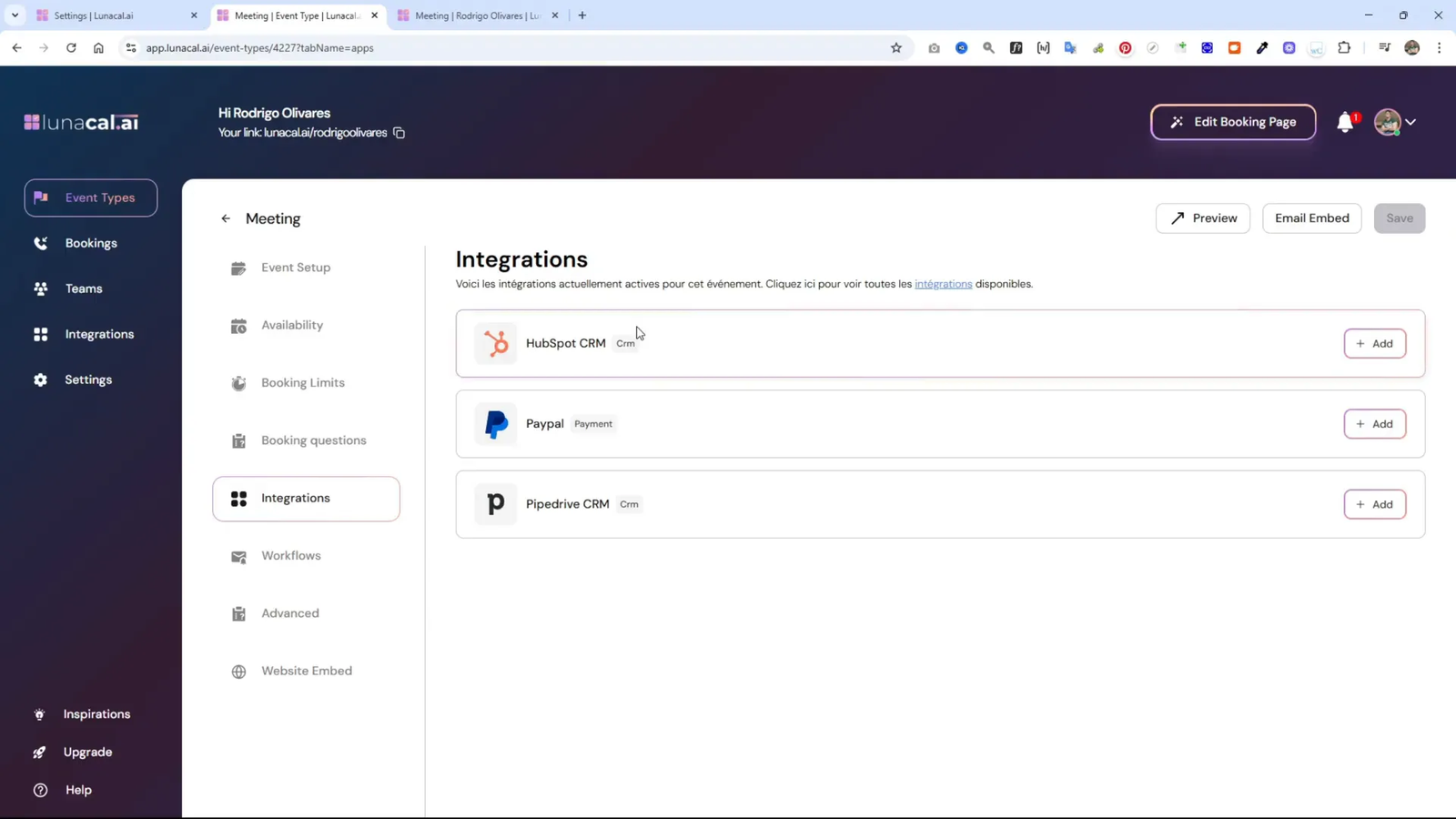 LunaCal AI: La Mejor Alternativa a Calendly para Agendar Reuniones 8 Configuración de integraciones con HubSpot y PayPal en LunaCal