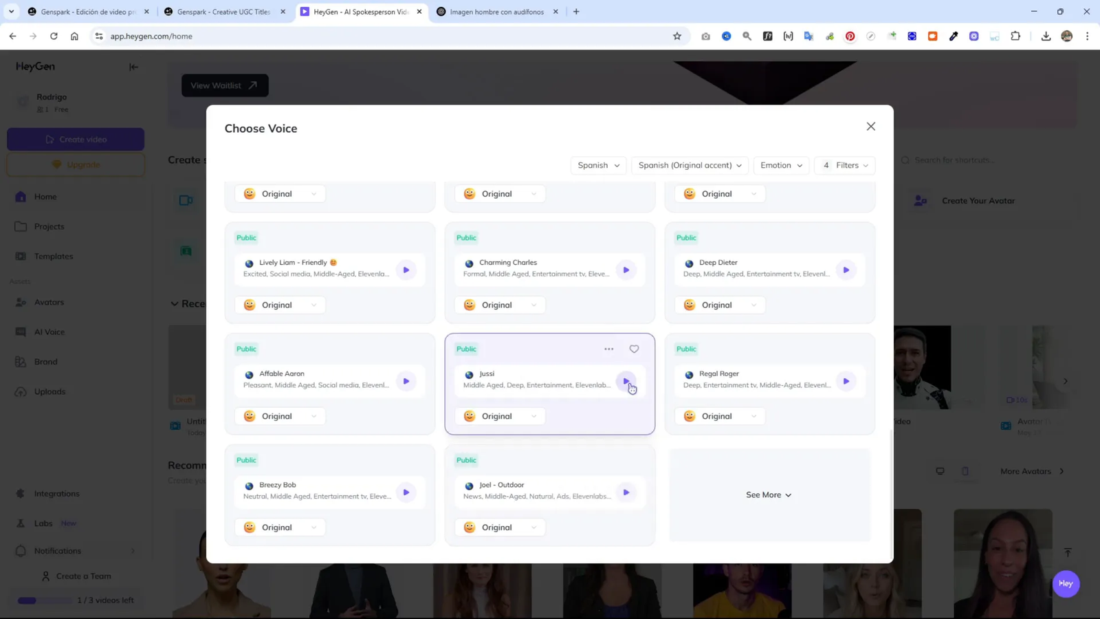 Selección de voz masculina con filtro social y emoción excited en HeyGen