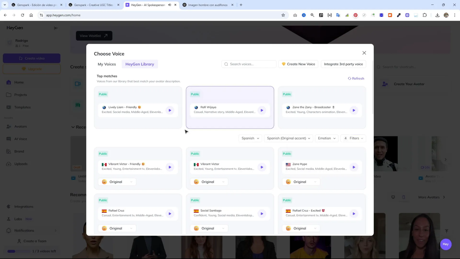 Selección de voz en español con filtro en HeyGen IA
