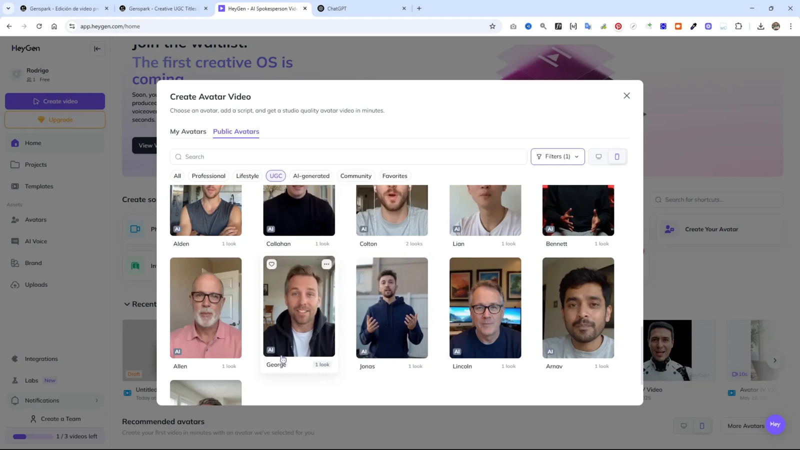 Selección del avatar George para video UGC en HeyGen con manos libres