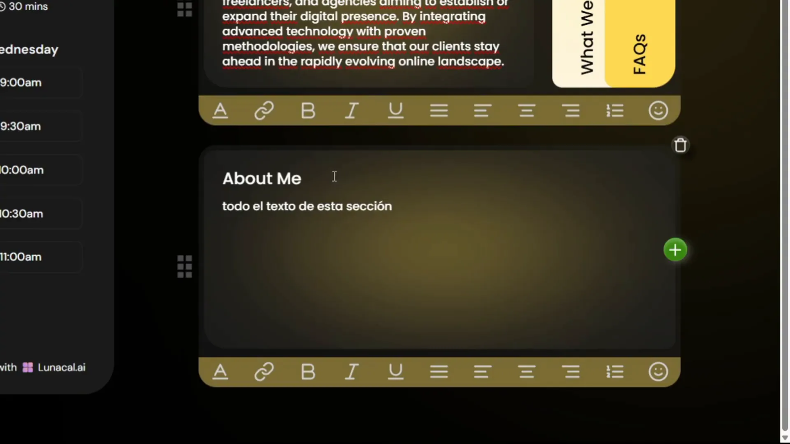 LunaCal AI: La Mejor Alternativa a Calendly para Agendar Reuniones 3 Edición intuitiva de la sección 'Acerca de mí' en LunaCal