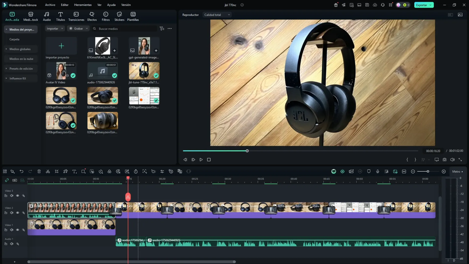 Editor de video mostrando línea de tiempo con imágenes y pistas de audio generadas por IA