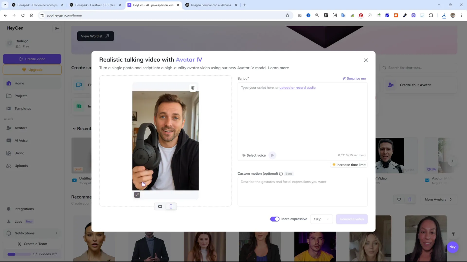 Subiendo y ajustando imagen personalizada en HeyGen IA