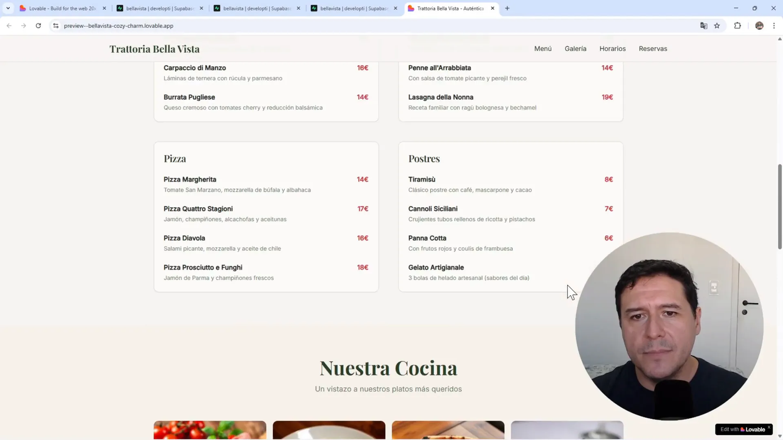 Vista del menú generado con precios