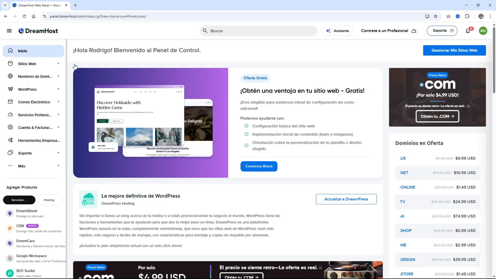 Panel de control propio de DreamHost, rápido y sencillo