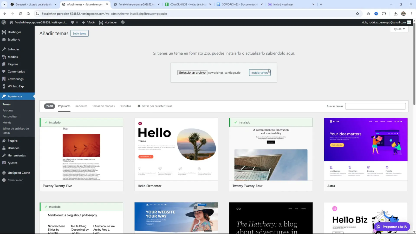 Pantalla de instalación de temas en WordPress