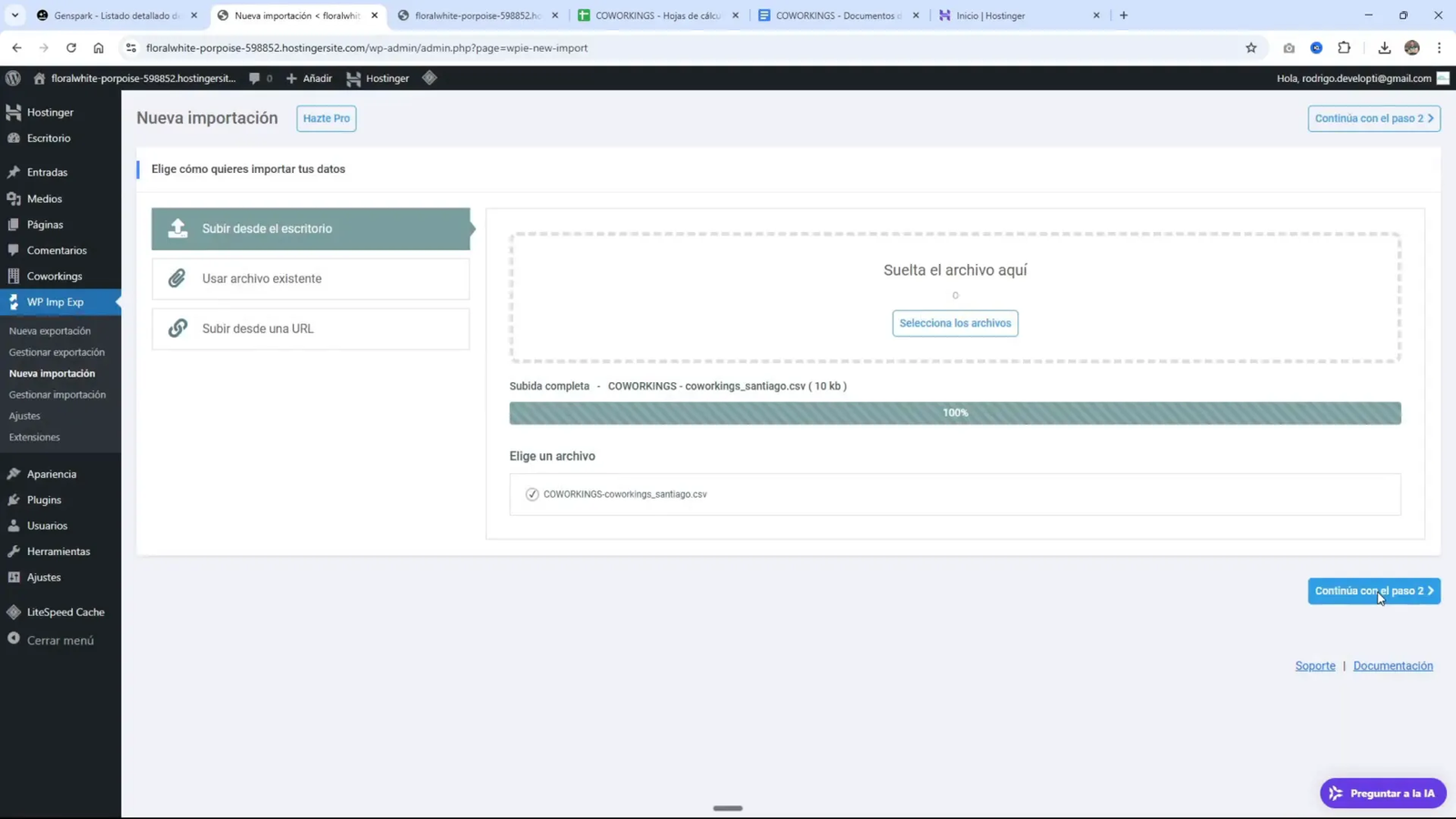 Interfaz del plugin WP Import Export Lite para importar CSV