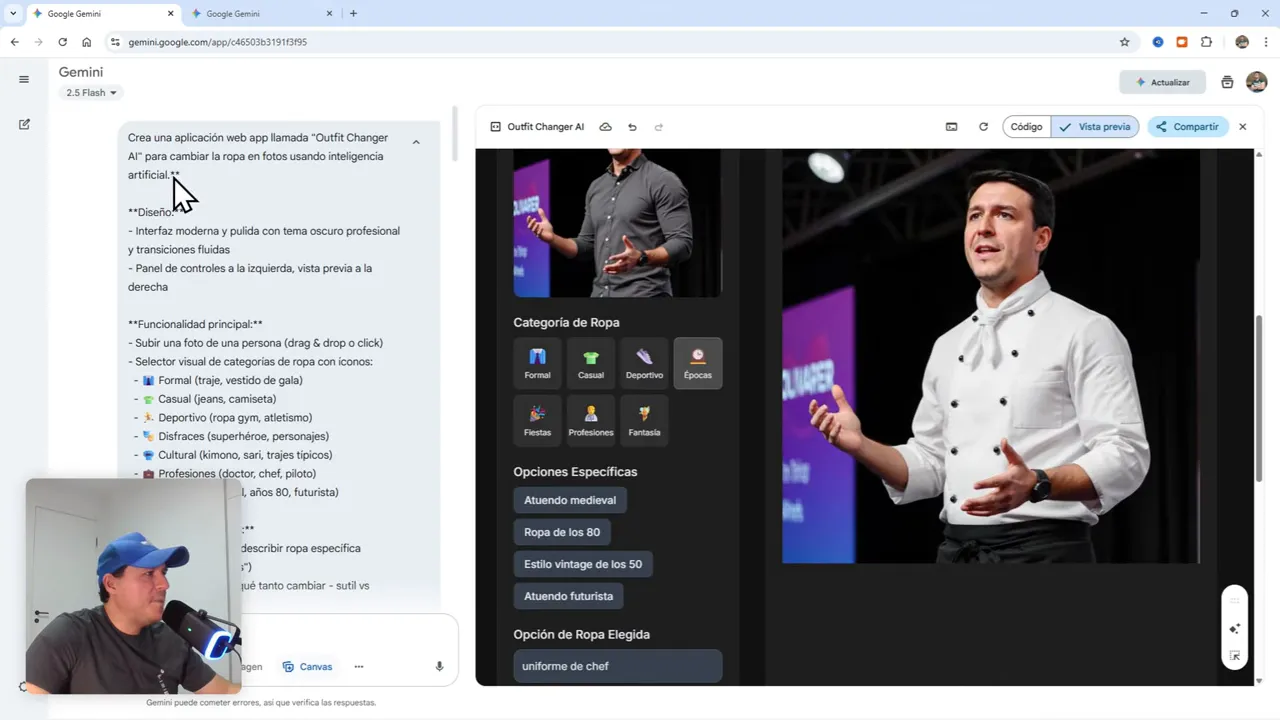 Crea Tu Primera App Profesional Gratis con Gemini Canvas (IA integrada) 5 Ventana de conversación con Gemini generando el prompt