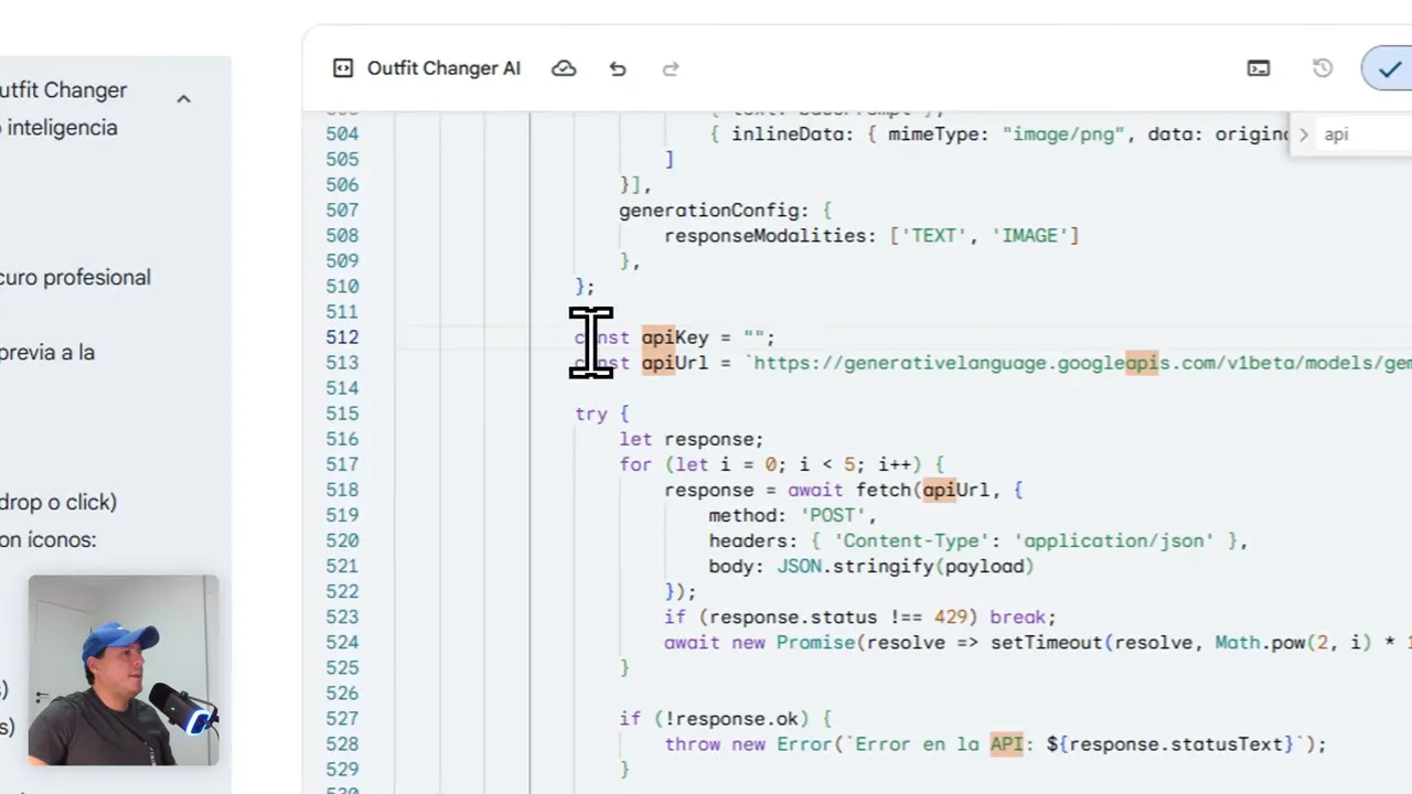 Crea Tu Primera App Profesional Gratis con Gemini Canvas (IA integrada) 14 Referencia a API Key en el código generado por Canvas