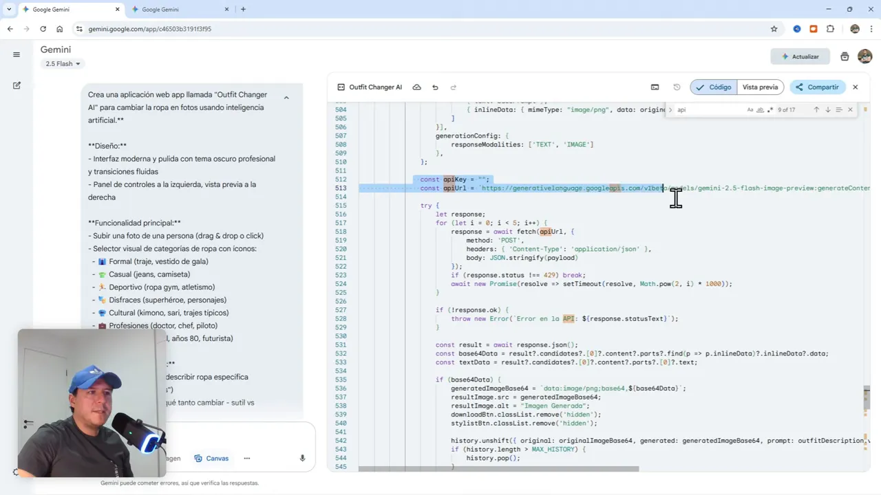 Crea Tu Primera App Profesional Gratis con Gemini Canvas (IA integrada) 2 Panel de código dentro de Canvas mostrando referencias a API