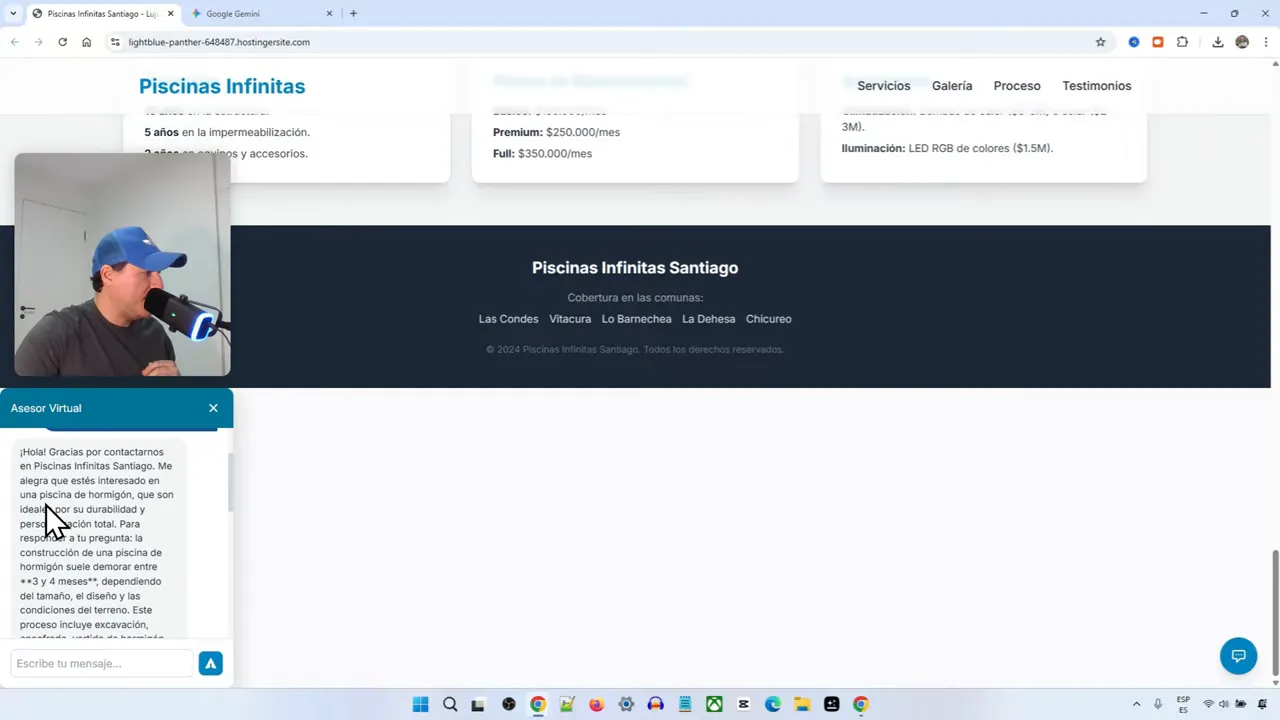 Ejemplo de respuesta del chatbot: tiempo de construcción piscinas de hormigón entre 3 y 4 meses
