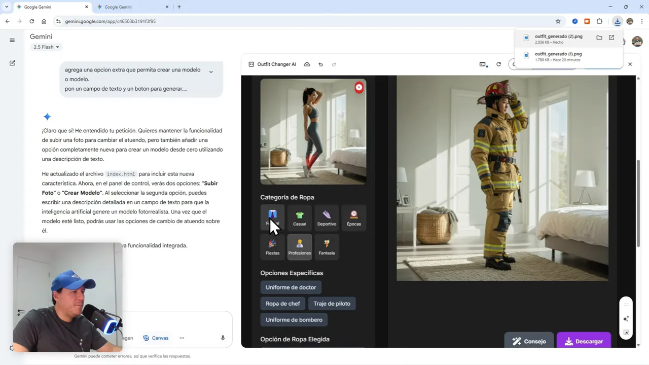 Crea Tu Primera App Profesional Gratis con Gemini Canvas (IA integrada) 12 Generando imagen con uniforme de bombero y opción de descargar