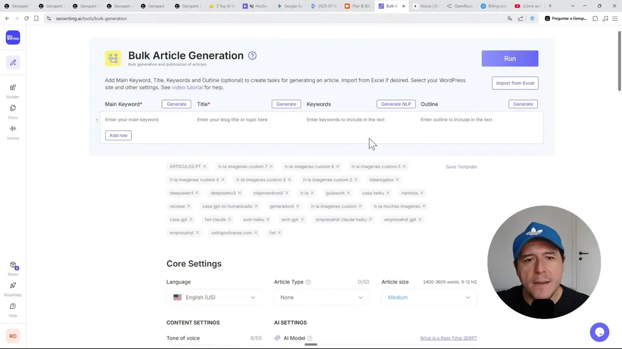 SEOWriting.ai generando artículos en lote