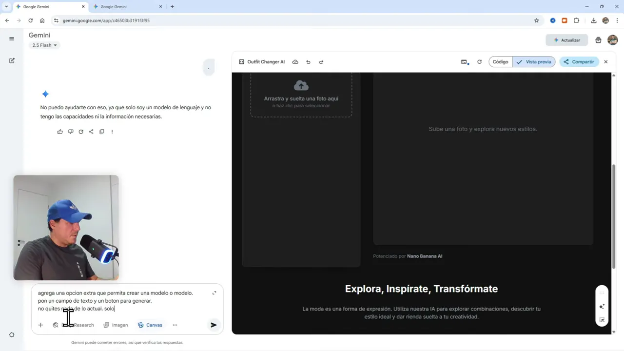 Crea Tu Primera App Profesional Gratis con Gemini Canvas (IA integrada) 11 Petición a Gemini para agregar sub-opciones y no eliminar funcionalidades existentes
