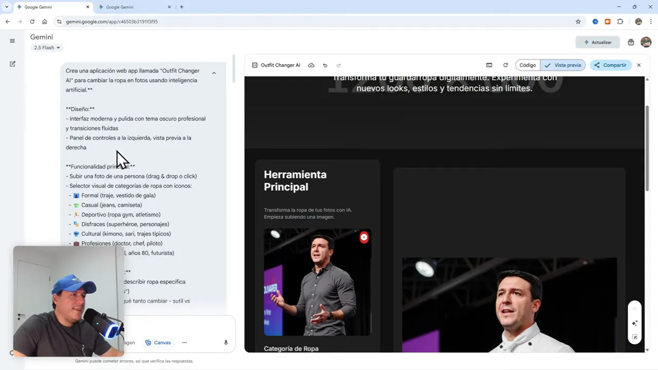 Crea Tu Primera App Profesional Gratis con Gemini Canvas (IA integrada) 8 Solicitud de prompt a Gemini para generar la app
