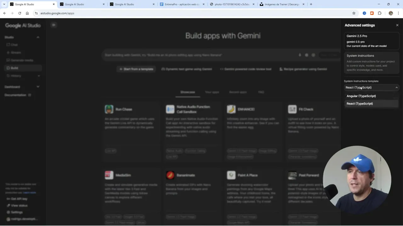Selección del modelo Gemini 2.5 Pro y plantillas de frameworks