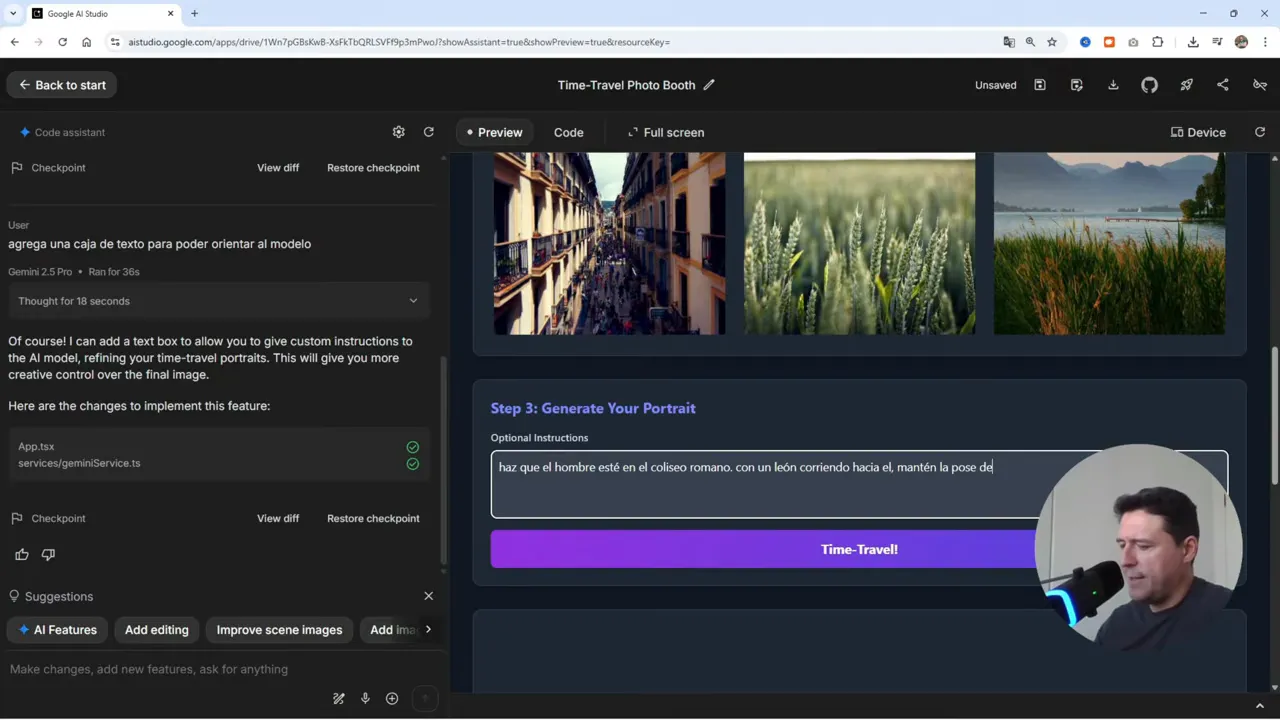 Google AI Studio ACTUALIZADO! Crea Increíbles Apps con IA GRATIS y Sin Límites 6 Añadiendo caja de texto para orientar al modelo en la Máquina del Tiempo