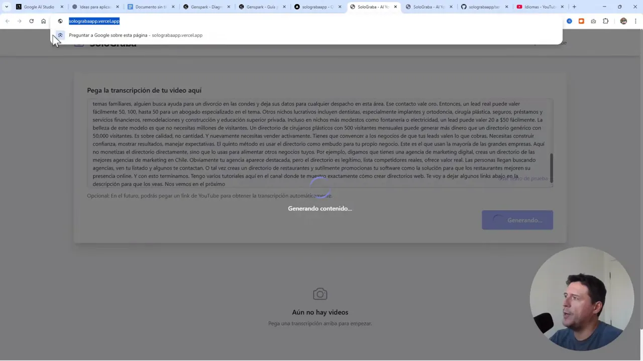 Crea y Publica tu App con IA GRATIS (Google AI Studio + Vercel) 8 Probando la app desplegada pegando transcripción de un video y generando contenido