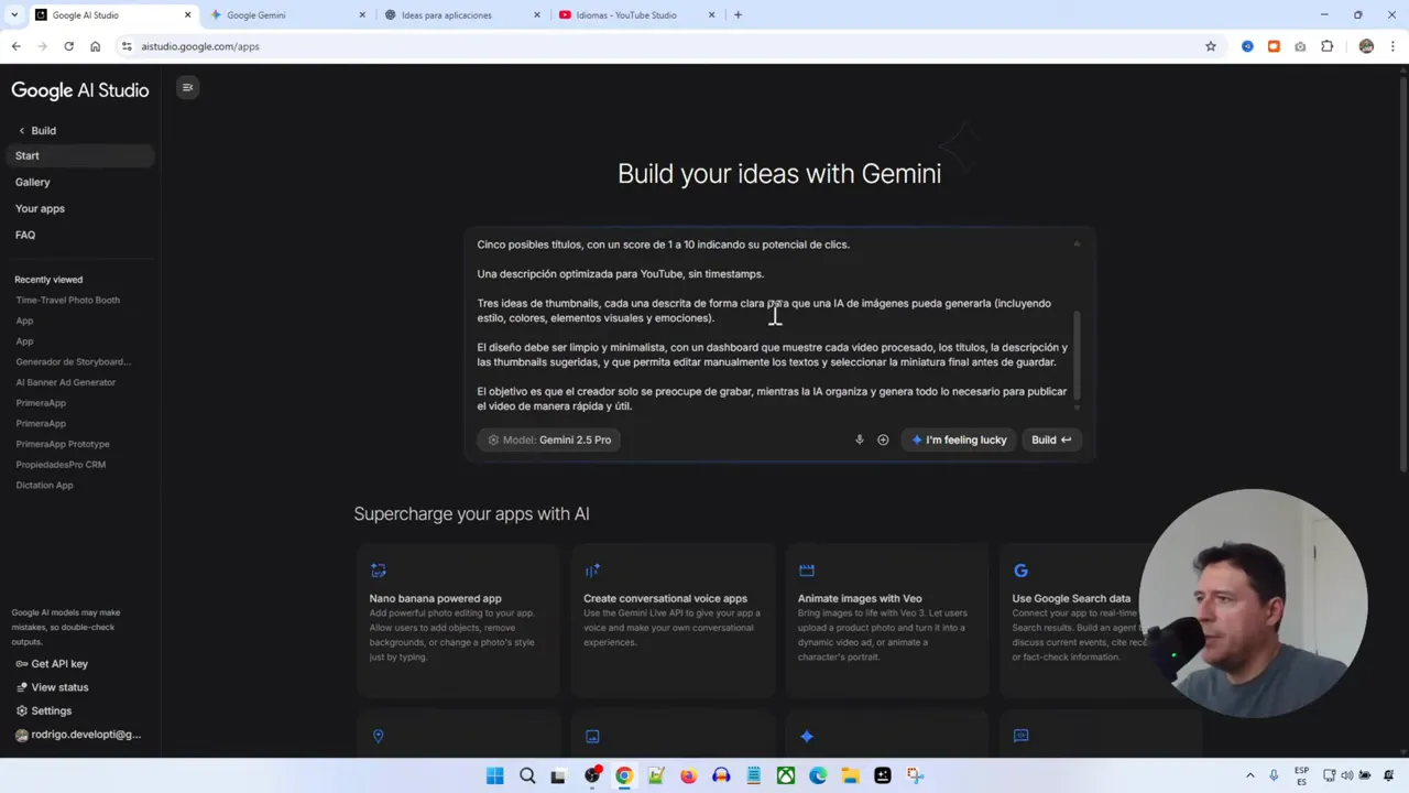 Crea y Publica tu App con IA GRATIS (Google AI Studio + Vercel) 2 Interfaz de Build en Google AI Studio donde pego el prompt inicial para la app Solo Graba