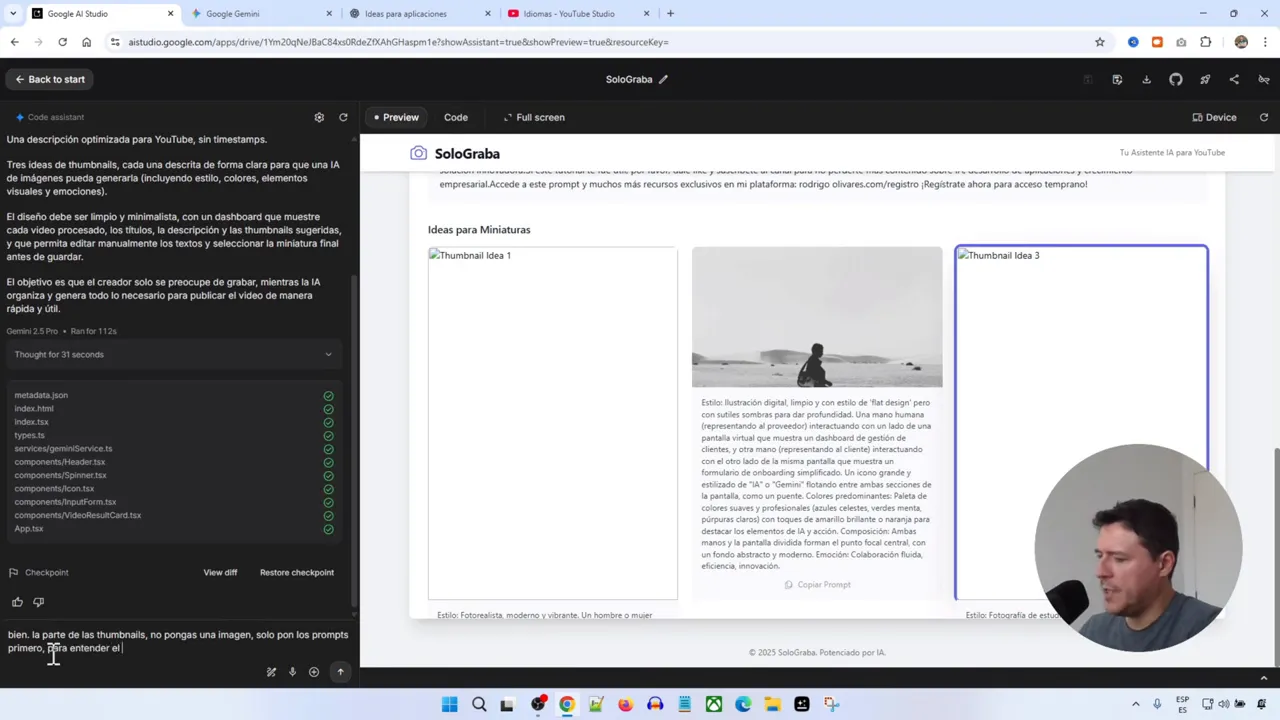 Crea y Publica tu App con IA GRATIS (Google AI Studio + Vercel) 6 Sección de configuración de thumbnails donde pido que no ponga la imagen inmediatamente y que solo entregue prompts