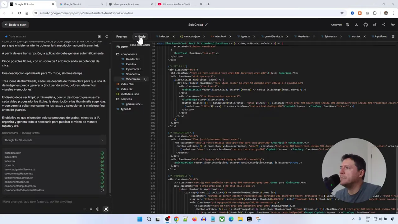 Crea y Publica tu App con IA GRATIS (Google AI Studio + Vercel) 3 Vista de código en Google AI Studio mientras la plataforma está codificando la app