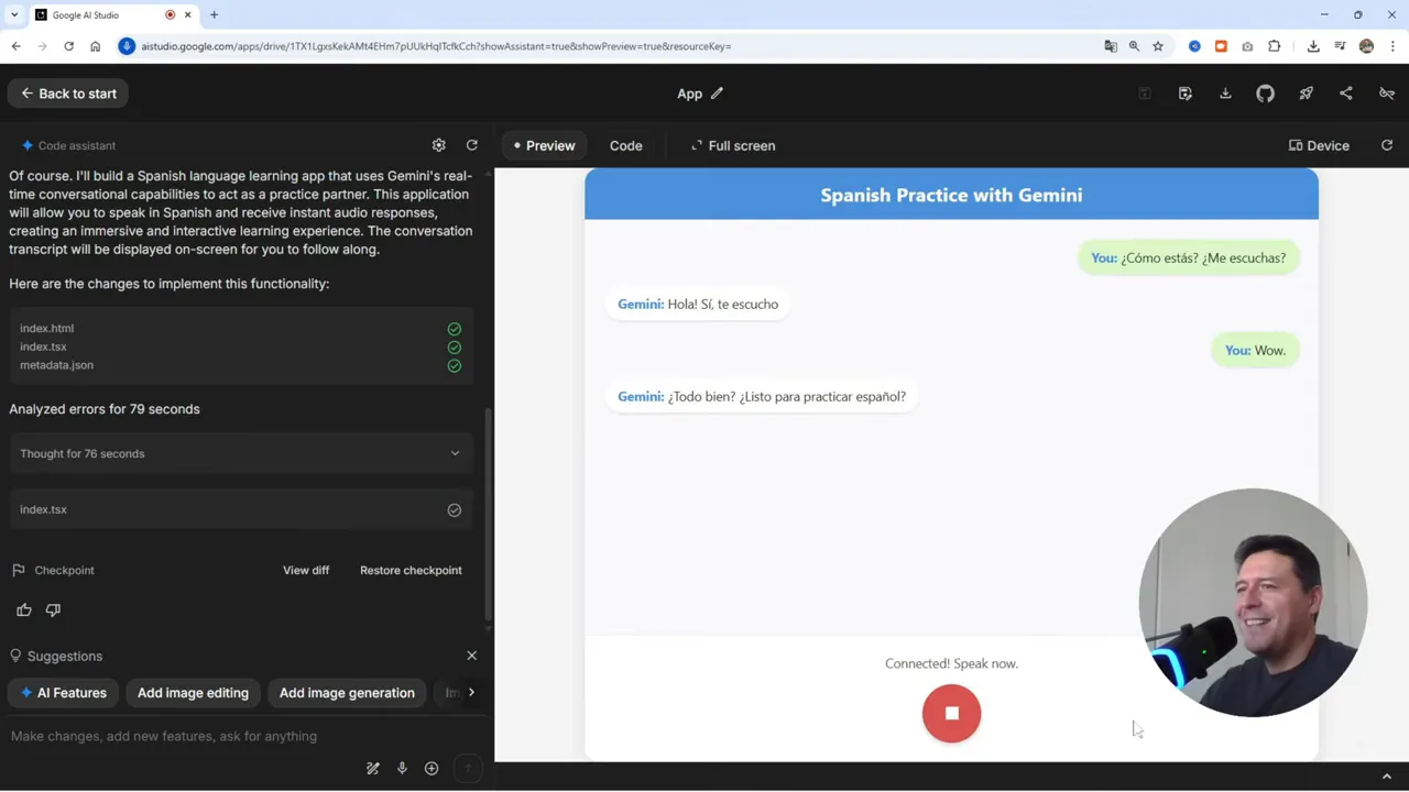 Google AI Studio ACTUALIZADO! Crea Increíbles Apps con IA GRATIS y Sin Límites 9 Conversación práctica en la app: usuario habla y la IA responde