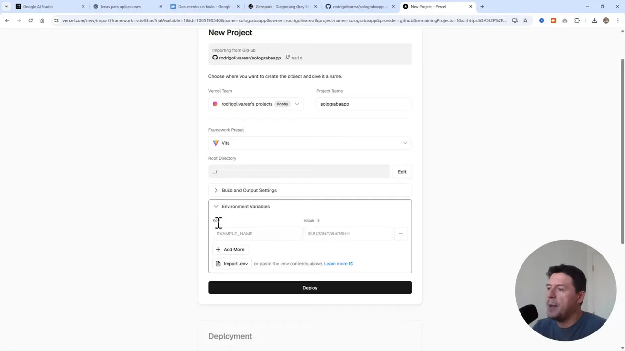 Crea y Publica tu App con IA GRATIS (Google AI Studio + Vercel) 7 Proceso de importación del proyecto en Vercel desde GitHub