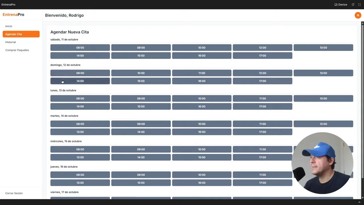 Vista del calendario con horarios disponibles para agendar