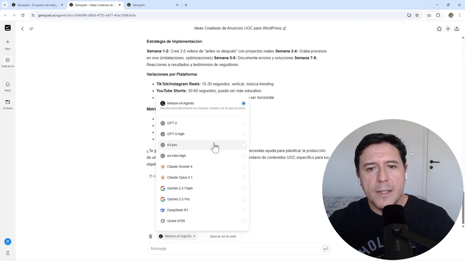Tres respuestas generadas por diferentes modelos en Genspark