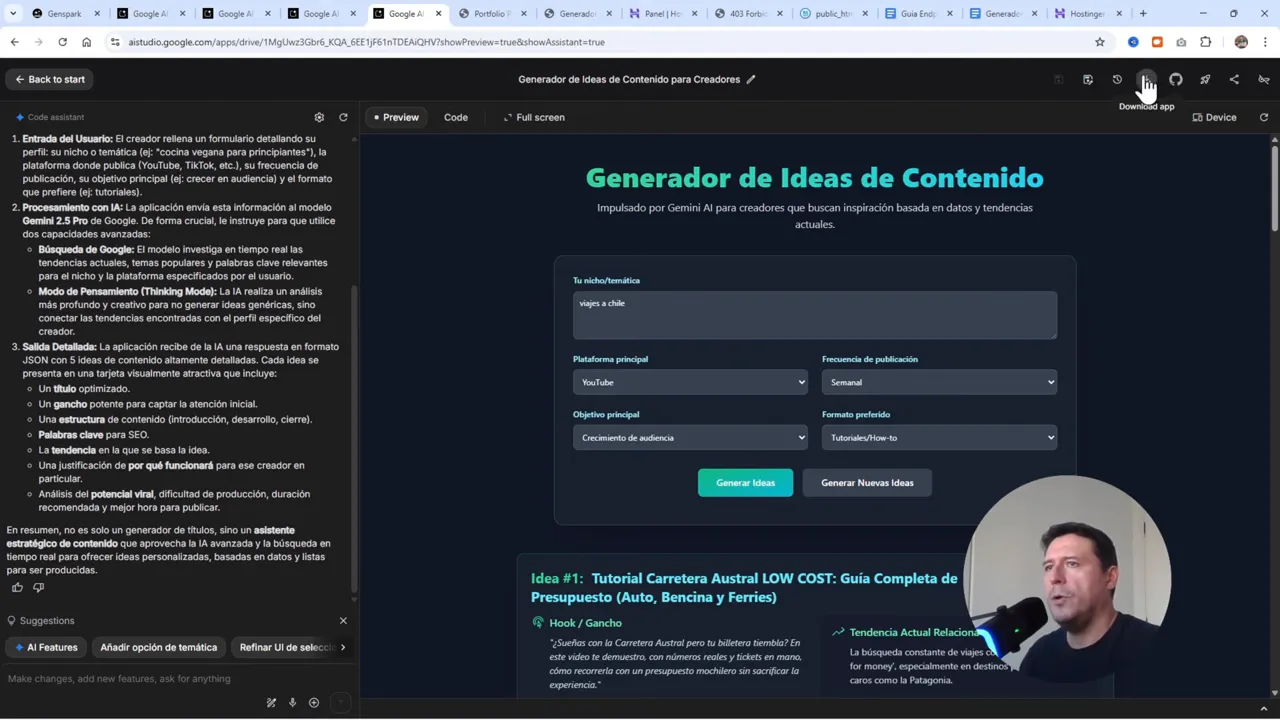 Cómo Publicar Apps de Google AI Studio en Hostinger - Tutorial Completo 6 Opción 'Download App' en AI Studio para descargar el proyecto generado.